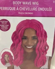 Pink Body Wave Wig Curls Fancy Dress Up Halloween Adult Costume Accessory