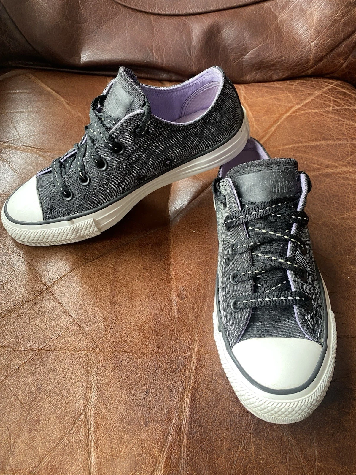 Rare scarpe da ginnastica donna Converse nere argento riflettente taglia UK4 a forma di brillante!