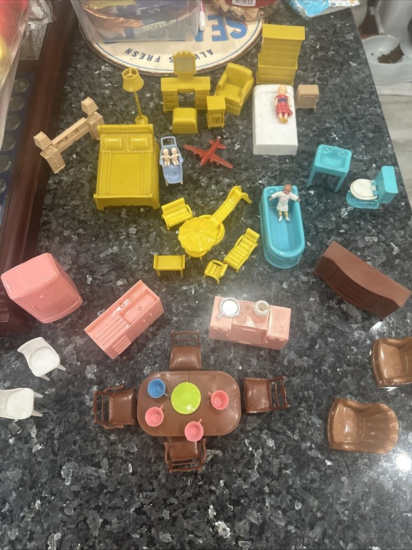 VTG Plastic Dollhouse Furniture Plastic Some W/ Lithographs Lot of 47