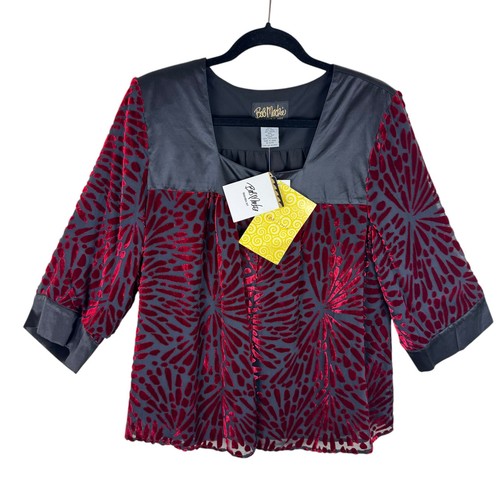 Bob Mackie NWT Red Black Velvet Velour Silk Blend Burnout Jacket Square Neck L