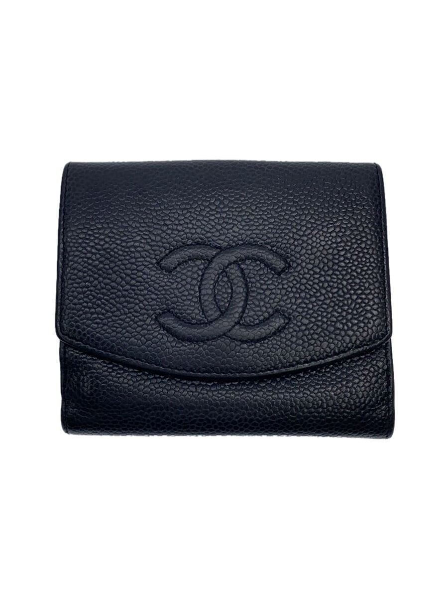 CHANEL Compact Wallet A13496 Coco Mark Caviar Leather CC Black F/S Pre-Loved