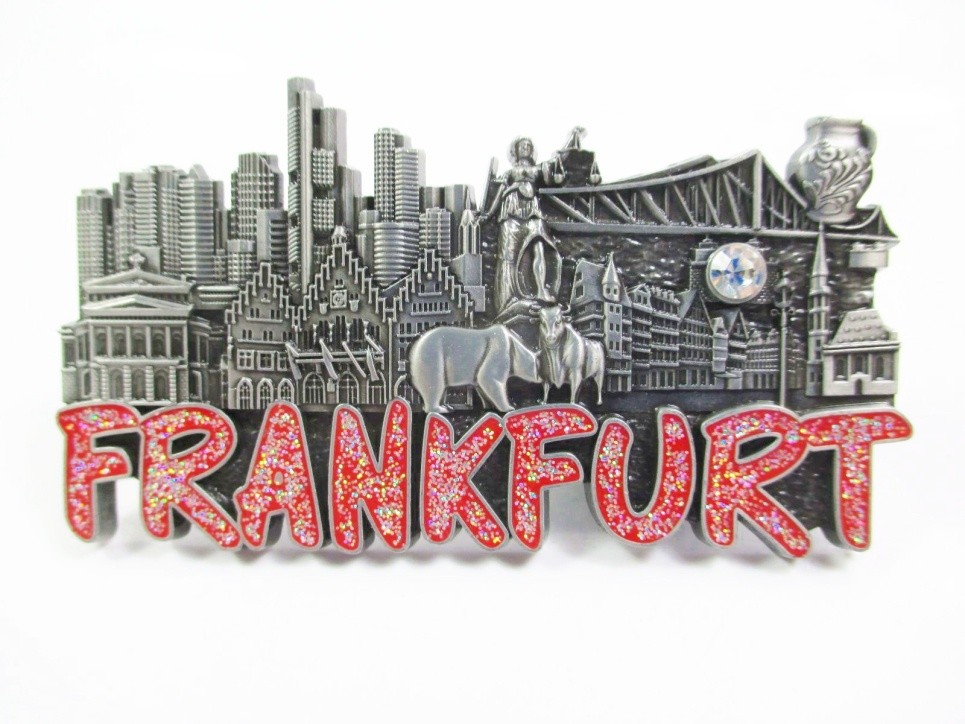 Frankfurt magnet metal souvenir Germany stock exchange skyline Roman glitter