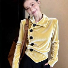 Damen Samt Hemd Langarm Top Revers Bluse Knopf Figurbetont Basic Vintage Neu