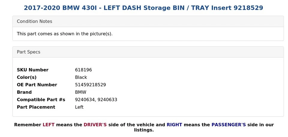 BMW 430I 2017-2020 - Bandeja de almacenamiento con tablero izquierdo 9218529 Foto 3 de 3