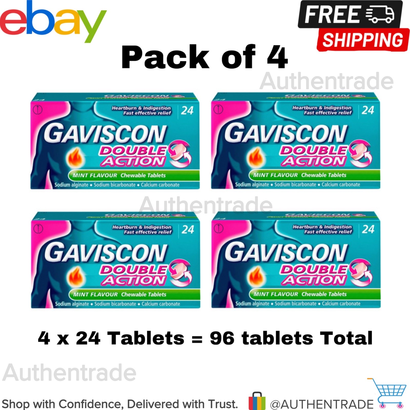 Gaviscon Double Action Mint Chewable Tablets Heartburn Relief 24 Tabs (5 Pack) - Image 4