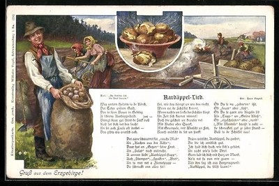 Künstler-AK Rudolf Schneider: Aardäppel-Lied, Kartoffelernte und gekochte Karto 