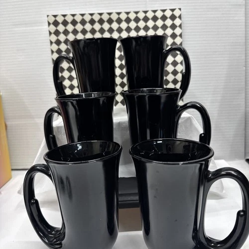 6 Vintage Tiara Indiana Black Glass Hunter's Horn Coffee Mugs renaissance 