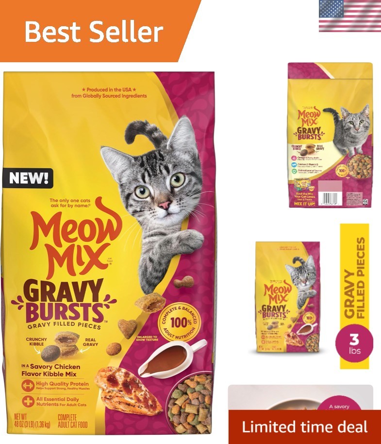 Delicious Gravy Bursts Dry Cat Food in Chicken Flavor - 3 LB for Daily Nutrition
