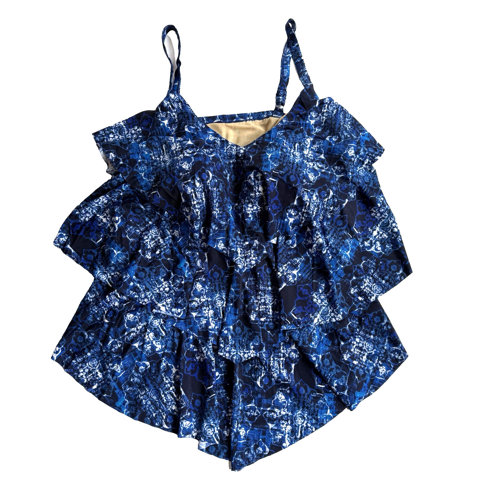 Swimsuit for All Tankini Swim Top Plus 30 5X V Tiered Blue Batik Flowy Modest