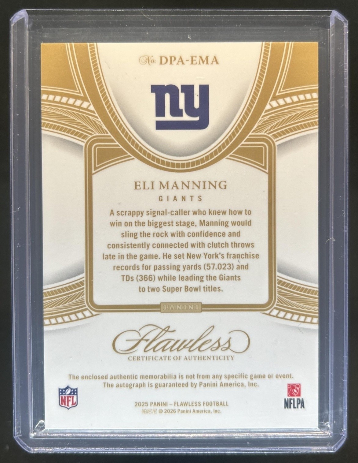 2025 Panini Flawless Eli Manning Distinguished Patch Auto Silver #/20 Giants view 2