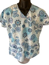 Zikit Scrub Top Women's Small Blue White Butterfly Flower Tops V-Neck SS