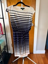 Ralph Lauren Dress Size 4 Blue and Cream cap sleeve striped stretchy wrap dress