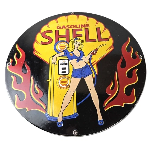 Vintage Shell Gasoline Sign - Gas Station Attendant Fill Up Pump Porcelain Sign