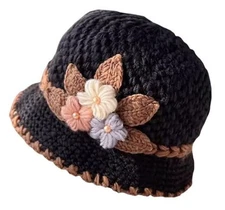 French Thicken Women's Flowers Knitted-Woolen-Hat Fashion Beanie Medium Black