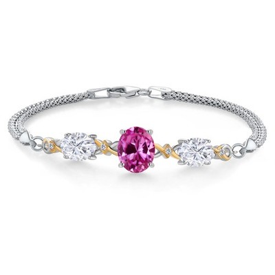 925 Silver and 10K Yellow Gold Pink Created Sapphire and Moissanite and Lab