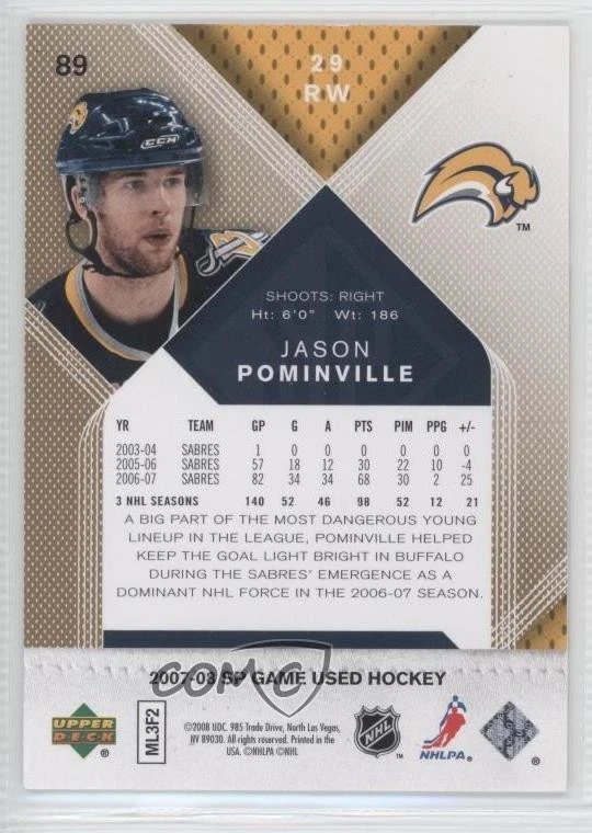 2007-08 SP Game Used Edition Gold /100 Jason Pominville #89 - Image 2 of 2