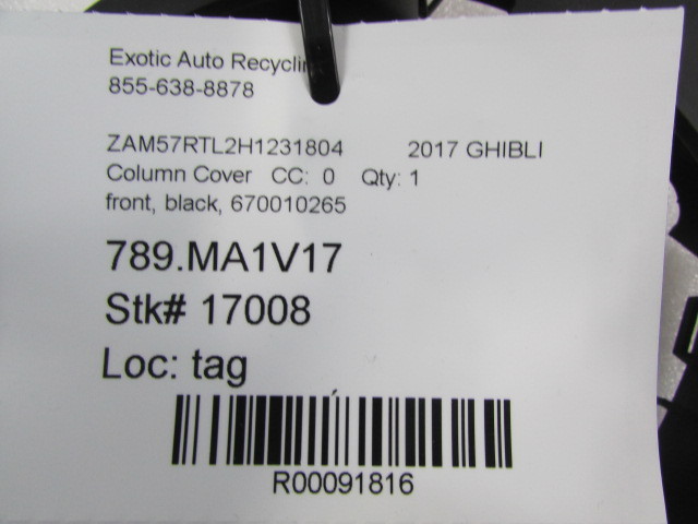 Maserati Ghibli, Front Column Cover, Black, Used, P/N 670010265
