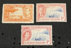 Cayman Islands Stamps. SC #s 100, 122, and 135. MHOG. Years 1938-1959.