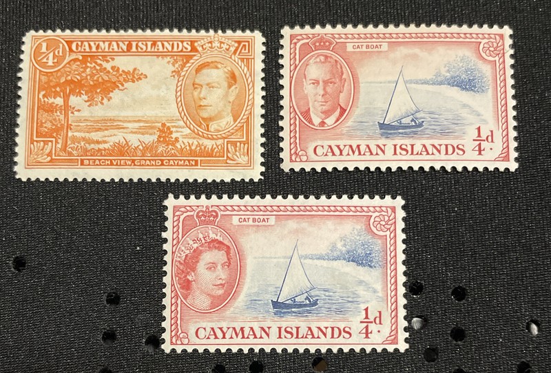 Cayman Islands Stamps. SC #s 100, 122, and 135. MHOG. Years 1938-1959.
