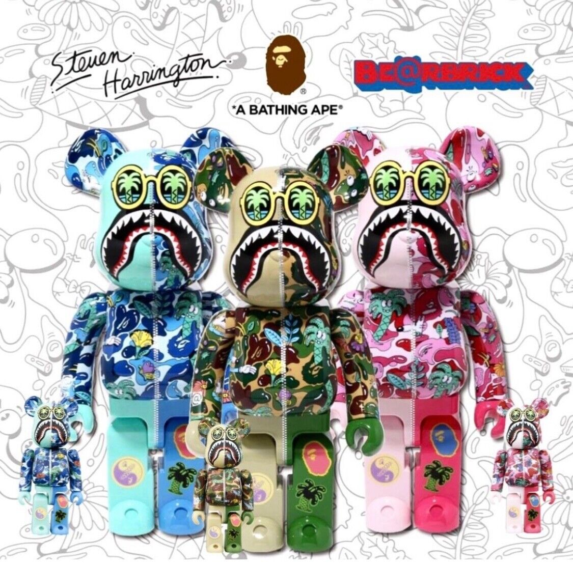 Medicom 400% + 100% Bearbrick ~ Bape x Steven Harrington Be@rbrick Full set  3pcs