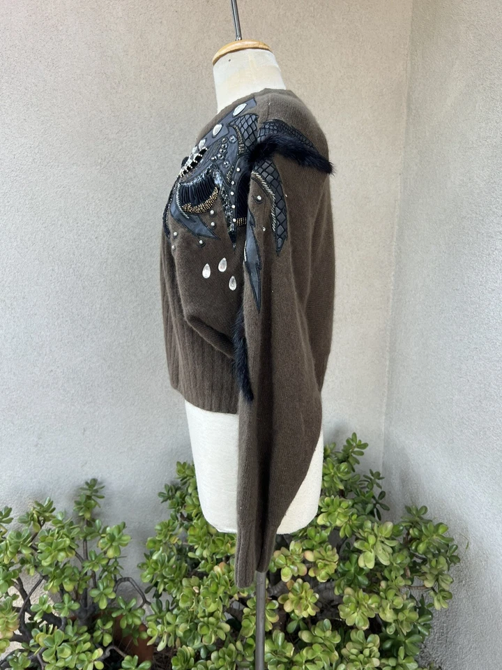 Suéter Vintage Erez Años 80 Lana Adorno Cuero Piel Cuentas Pequeño Foto 4 de 4