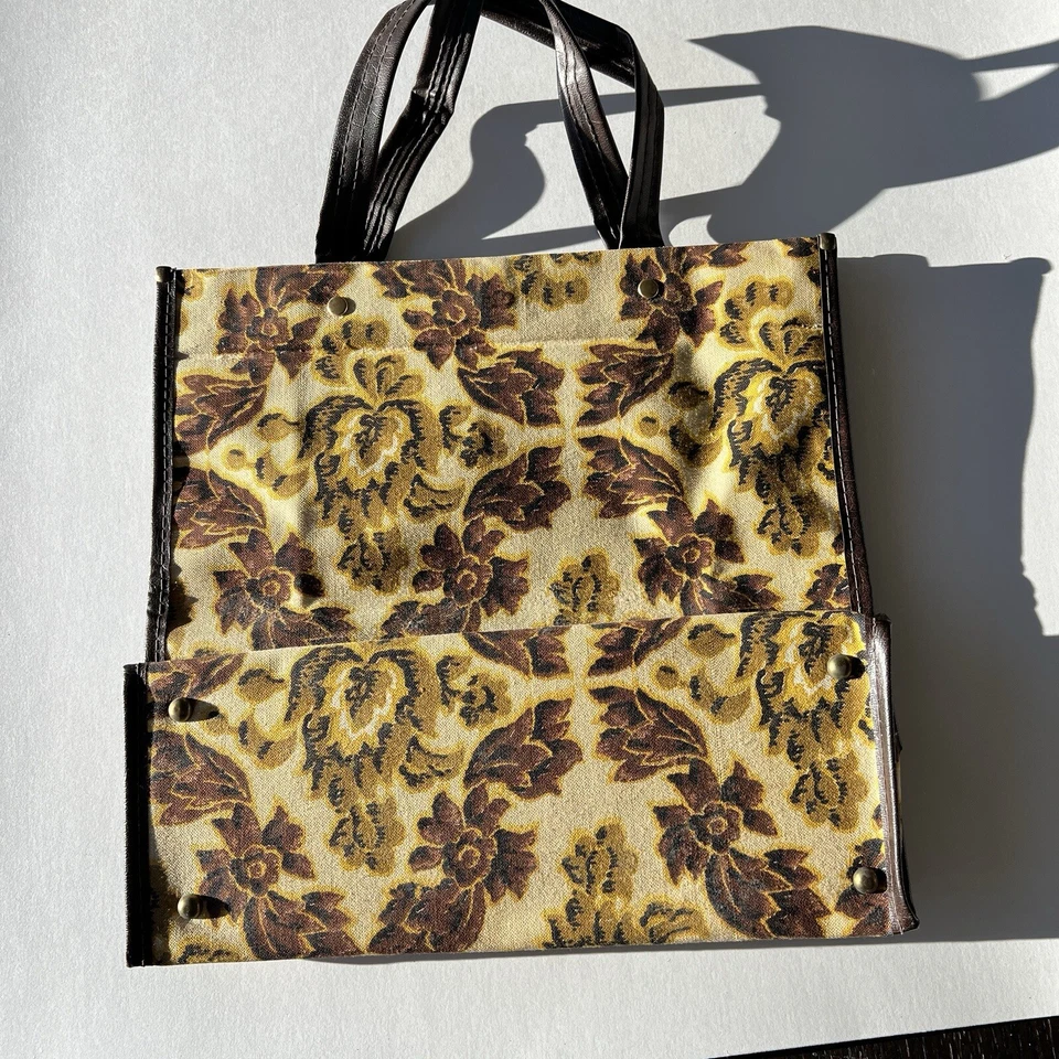 Bolso De Colección Market Boho Grannycore Años 70 Vinilo Forrado Floral Amarillo Tostado Marrón 11.5" Foto 3 de 4