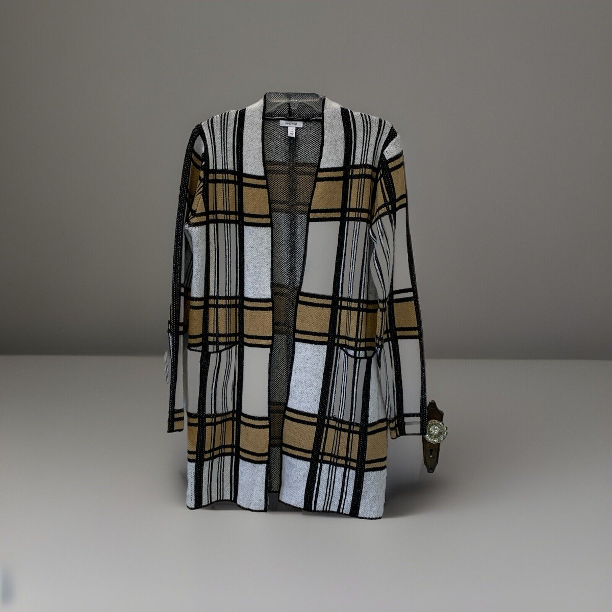 Nine West Cardigan Duster~SZ M~Open Front~White, Tan, Black Window
