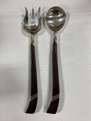 Sterling and exotic wood salad serving set vintage creation - Picture 2 of 23