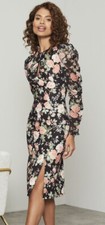 LIPSY KEYHOLE FLORAL BODYCON DRESS - BLACK ROSES PRINT RUCHED - UK 12 EUR 40 NEW