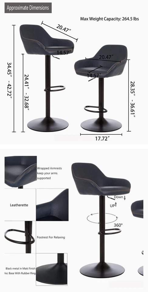 Glitzhome Mid Century Leather Bar Stools Set of 2, Dark Blue - Image 2 of 4