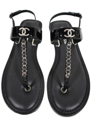 Chanel 22C Black Patent Silver Chain CC Logo Mule Slide Flat Thong