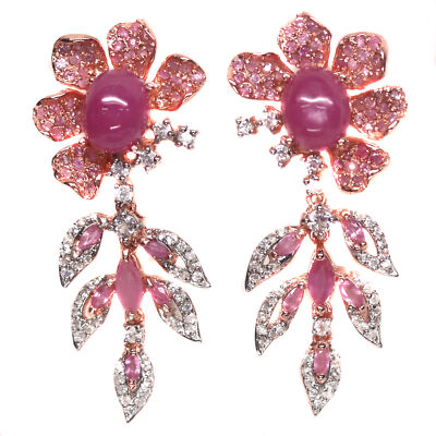 Pink Ruby Flower Drop Earrings 925 Sterling Silver Sapphire Zircon 9x12mm