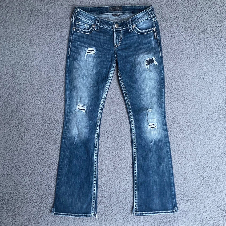 Pantalones de mezclilla plateados para mujer 30 Pioneer Bootcut bordado acampanado elástico 30x33 Foto 2 de 4