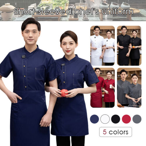 Men Women Short Sleeve Chef Coat Apron Uniform Restaurant Kitchen Cook Clothes - Picture 1 of 23