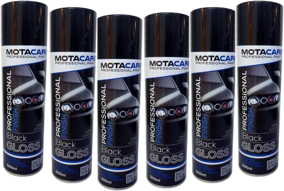 6x Gloss Black Spray Paint Fan Nozzle Wide Durable Fast Drying Motacare 500ml
