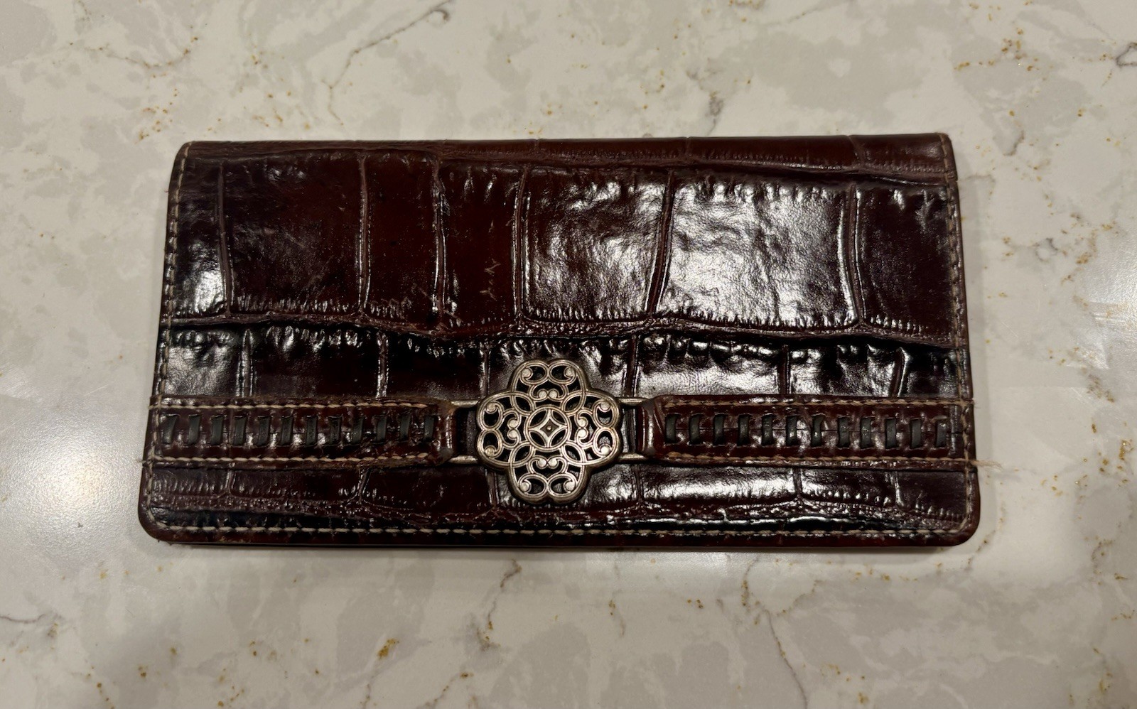 Brighton Brown Croc Embossed Leather Checkbook Wallet Organizer Clutch RedLining