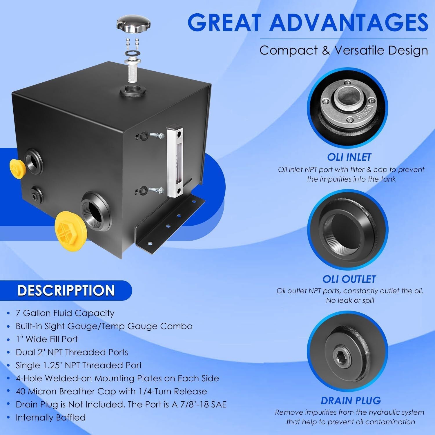 7Gallon Hydraulic Fluid Reservoir Tank 14 Gauge Oil Tank for Hydraulic Machinery