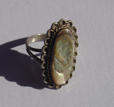 Vintage Mexico Mexican Sterling Silver Oval Cocktail Ring Abalone Size 8.5