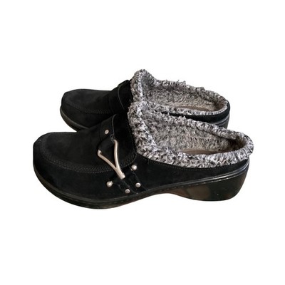 Klogs Suede Mules Women 10 Black Faux Fur Lined Slip On Clogs Buckle Comfort