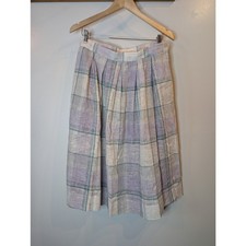 Vintage JCPenney Linen Plaid Pleated Midi Skirt Lavender Green Cream Women Sz 18