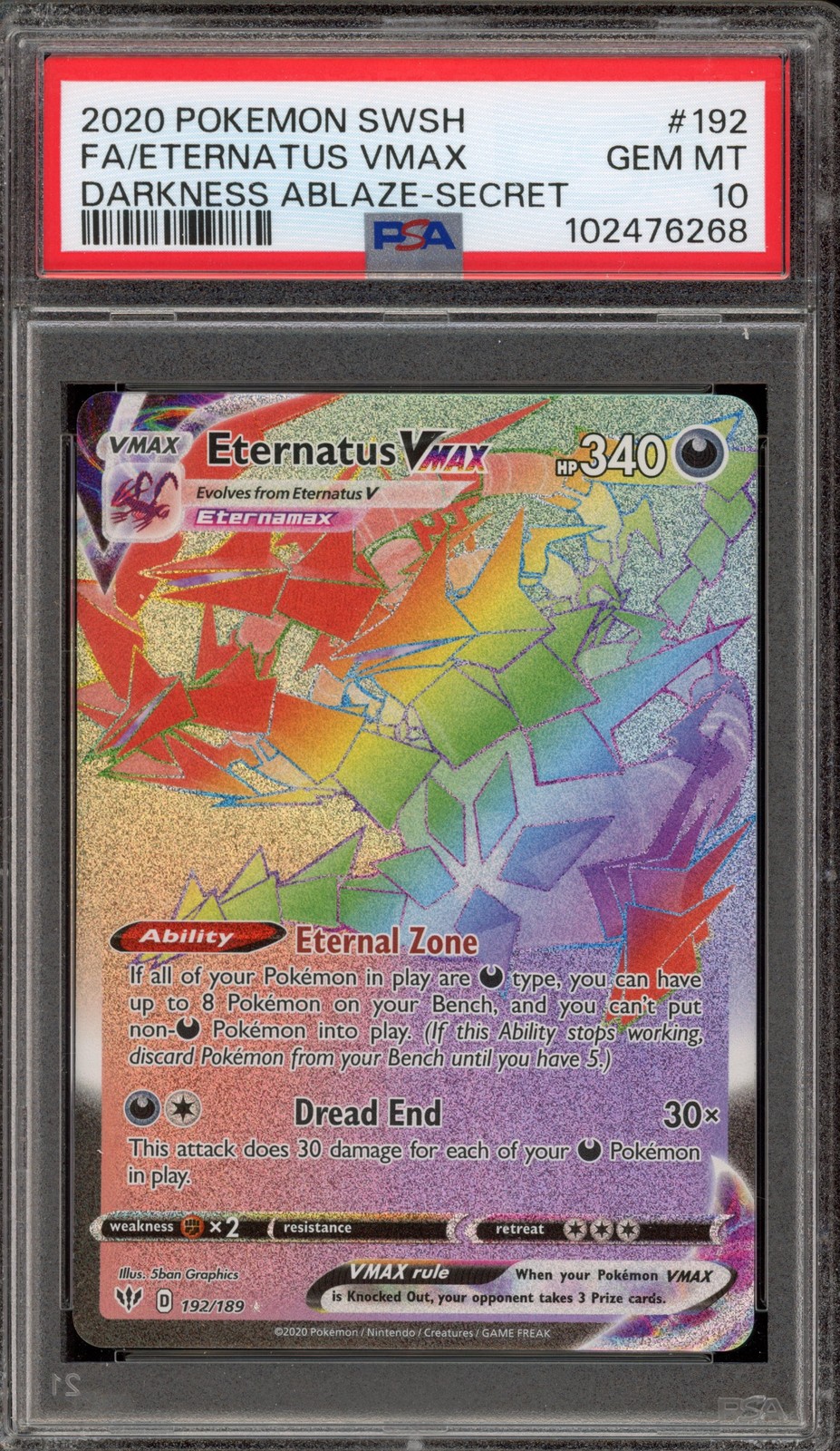 Pokemon Eternatus VMAX Darkness Ablaze Secret Rare Full Art #192 PSA 10 ...