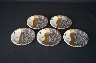 Ando Hidetake Japanese Studio Pottery Plate Waves and Plovers Set of 5 16cm