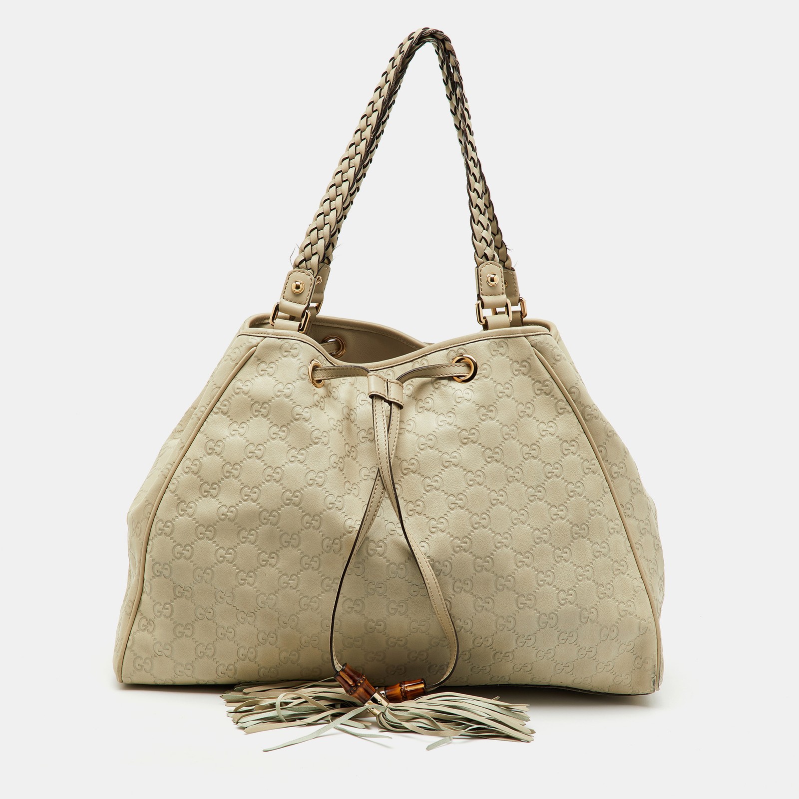 Gucci Cream Guccissima Leather Large Peggy Drawstring Tote Bag