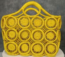 Vintage Yellow Straw Sunburst Open Woven Tote Bag Purse - Good Condition