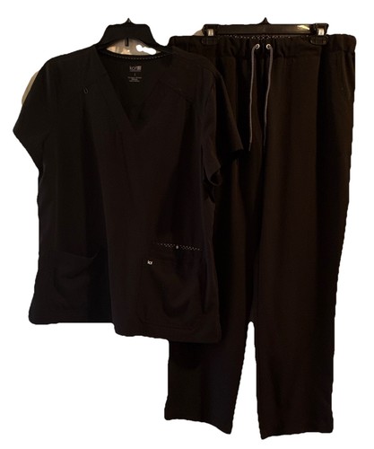 koi Next Gen Women's Black Solid Scrub Set Top & Pants L Petite Rayon Polyester