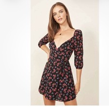 Reformation Everleigh Floral Wrap Mini Dress Black Pink Women's M Medium