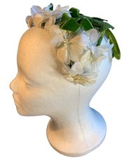Vintage Ladies Floral Green  White Headpiece Hat Velvet Leaves  Mesh Accents