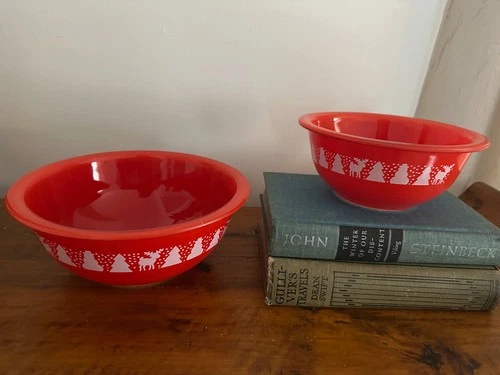Set of 2 Pyrex Red Christmas Bowl Snowman Reindeer, Tree Nesting Bowl #322-323