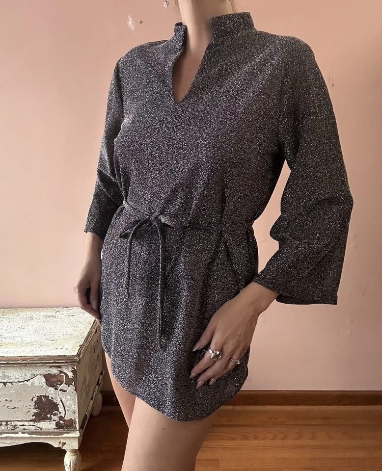 Mini Vestido Túnica Micro Brillante Vintage Años 70 Brillante Disco Fiesta Manga Campana M L Foto 4 de 4