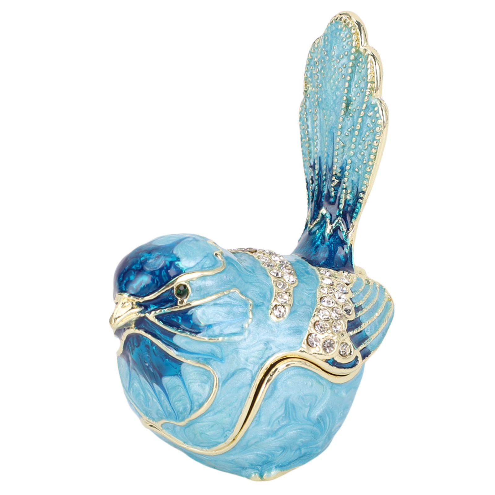 Blue Bird Trinket Box Hinged With Crystals Metal Enamel Jewelry Box Necklace LW